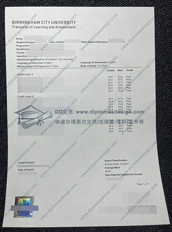 伯明翰城市大学成绩单