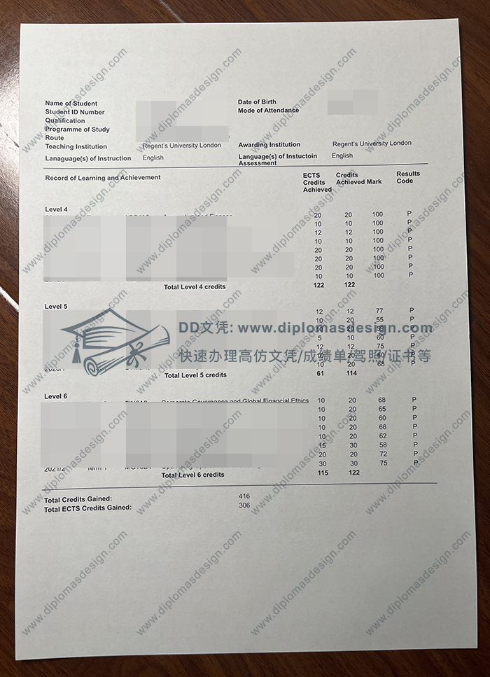 伦敦摄政大学成绩单